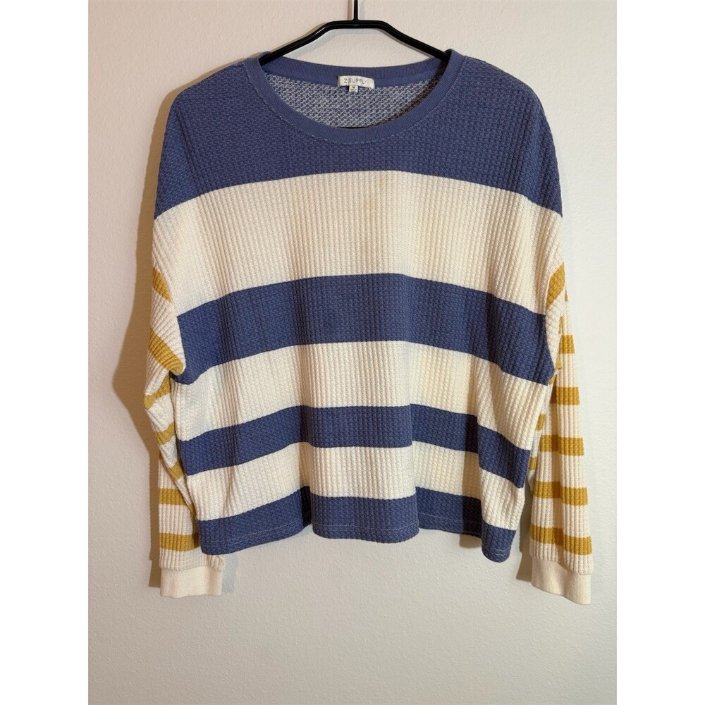 Z Supply Top Womens Size M Blue Ivory Mustard Striped Waffle Knit Thermal